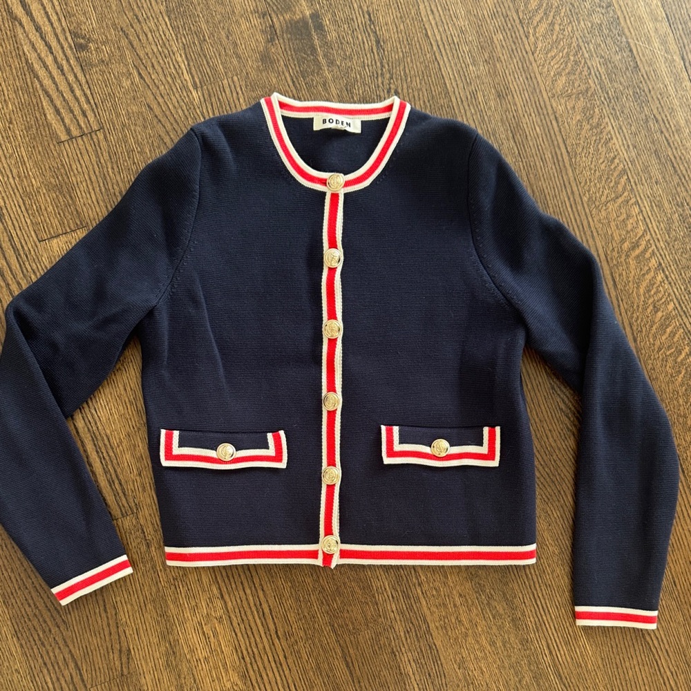 Boden Navy Sweater Jacket with Red and Cream Border Trim - size 6
